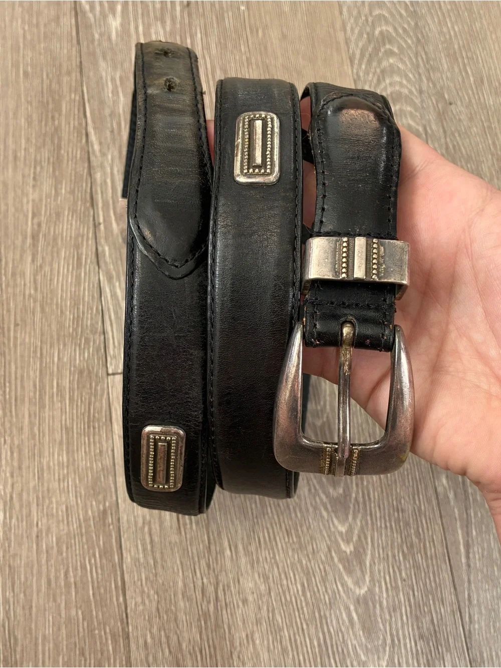 Fossil Black Leather Belt with Decorative Silver-Tone Buckle